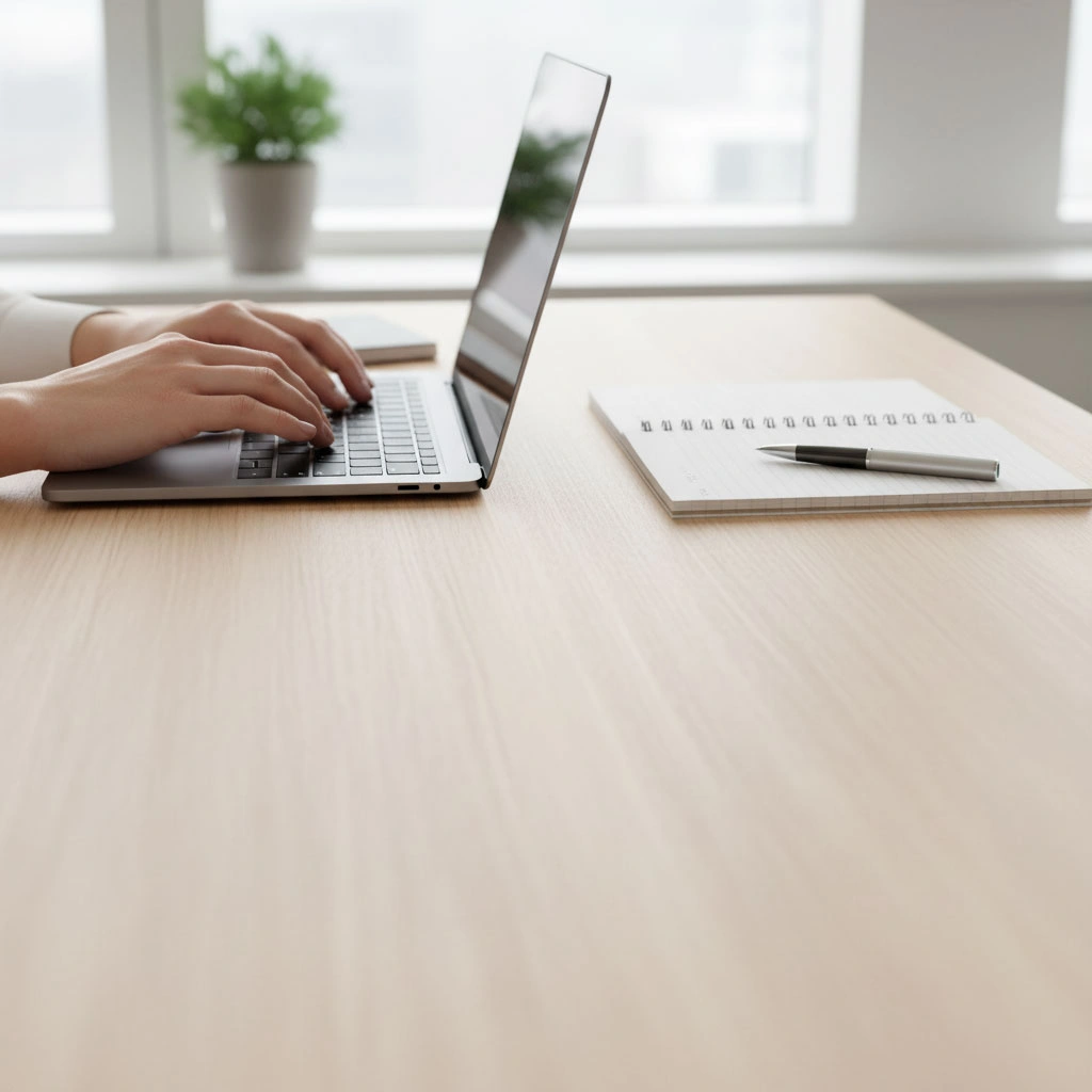 Close-up of two hands shaking, positioned top-left leaving background clear.
