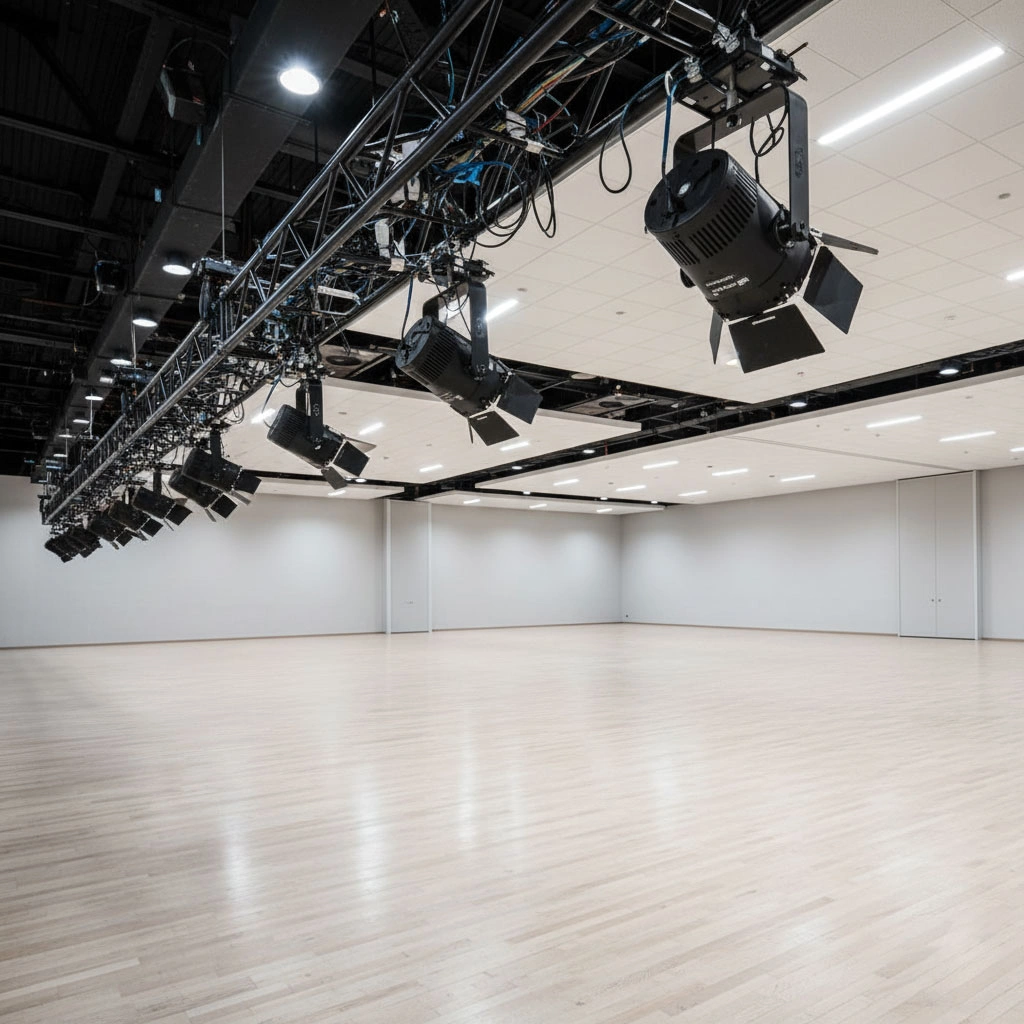 Stage lighting equipment at the top-left of an event hall, leaving floor space clear in the center and bottom-right.