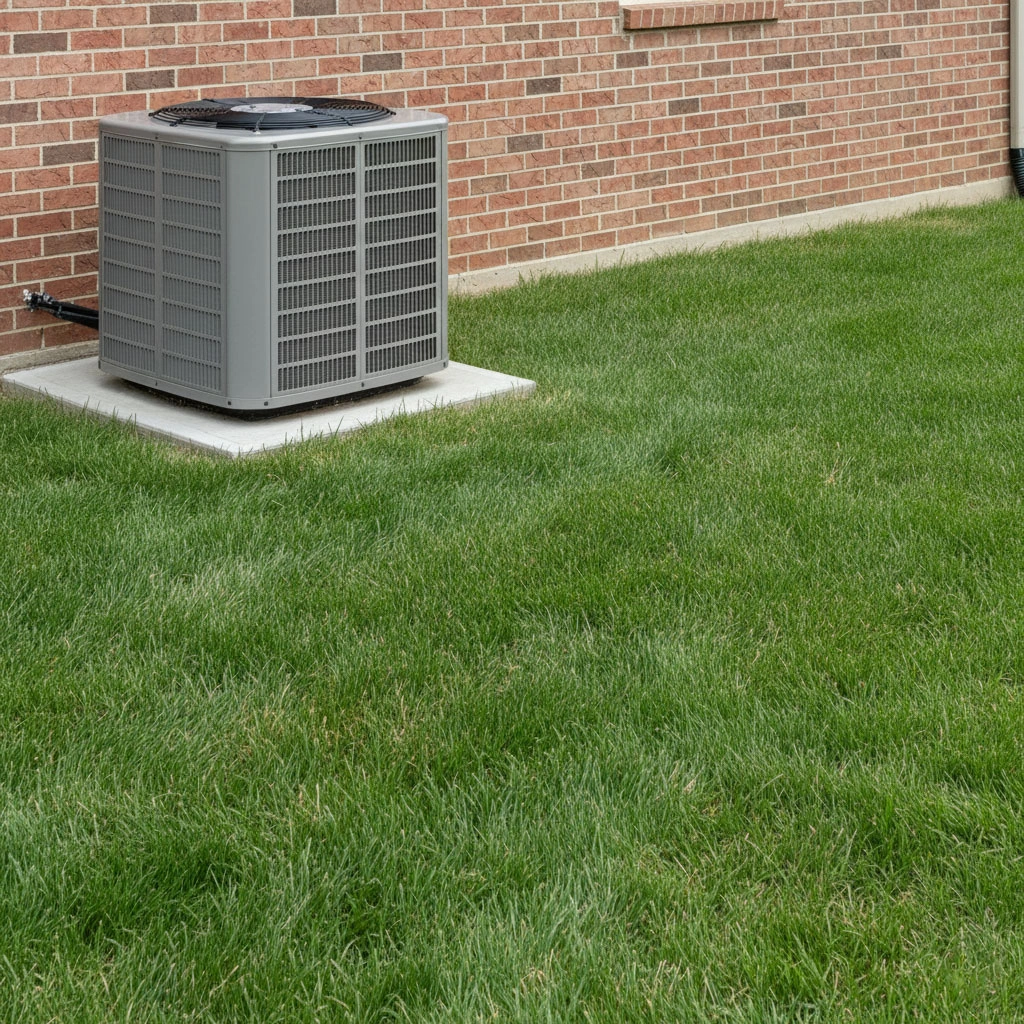 Outdoor AC condenser unit placed top-left against a brick wall, leaving lawn and wall clear.
