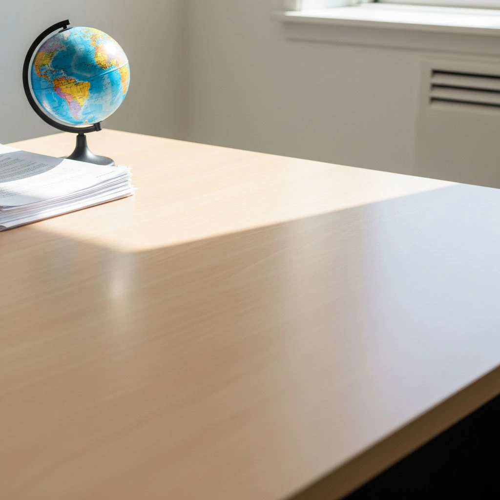 Globe and documents placed at the top-left side of a Windsor Essex desk, leaving central and bottom-right clear.