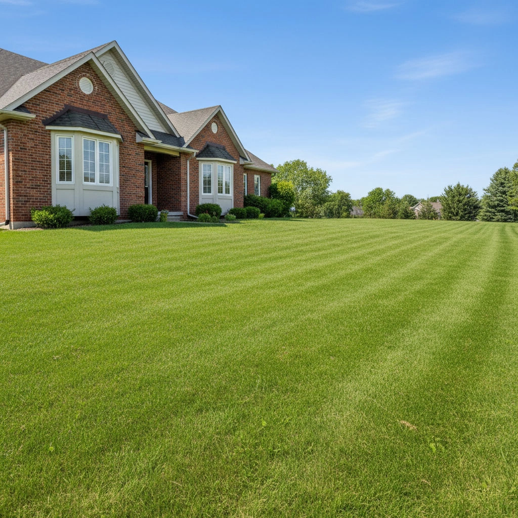 Windsor Ontario brick home positioned at the top-left, leaving central and bottom-right sky and lawn clear.