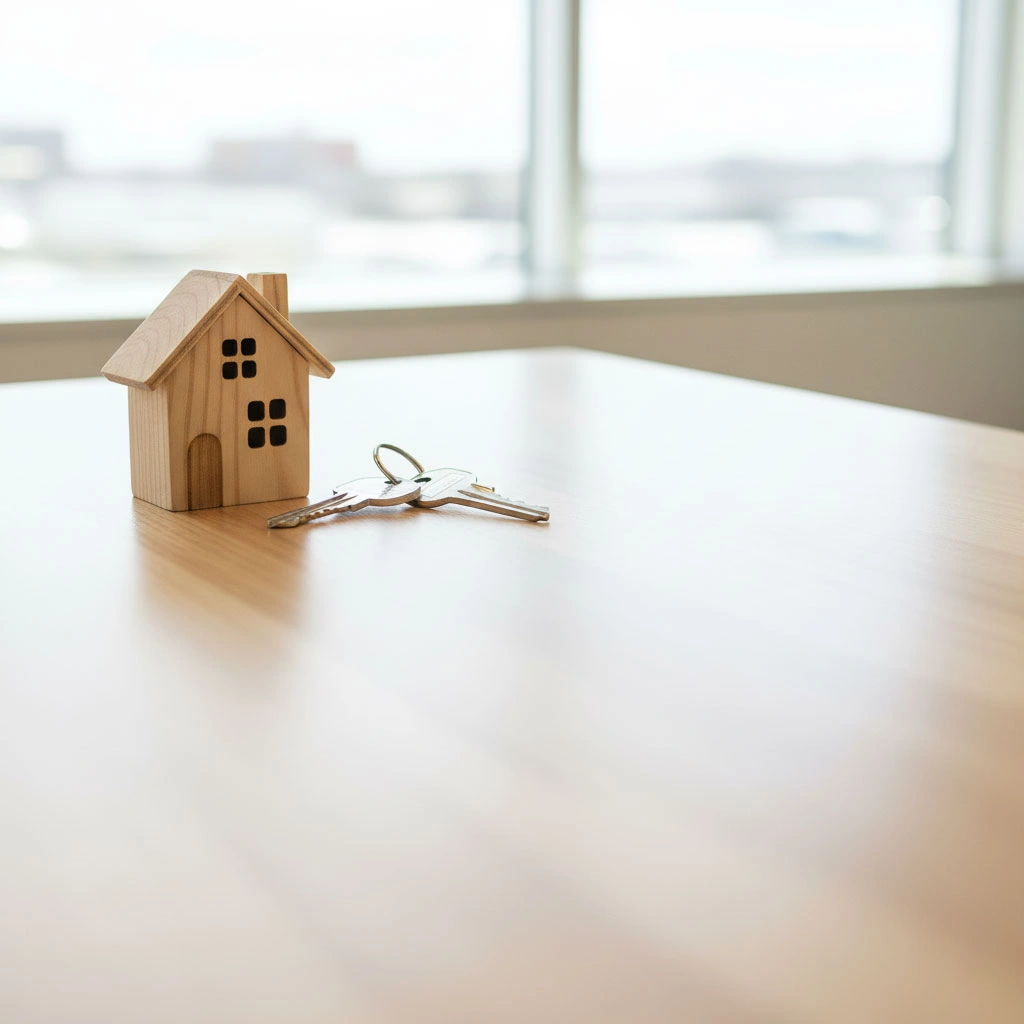 Wooden house model and keys placed at the top-left of a Windsor Ontario desk, leaving central and bottom-right clear.