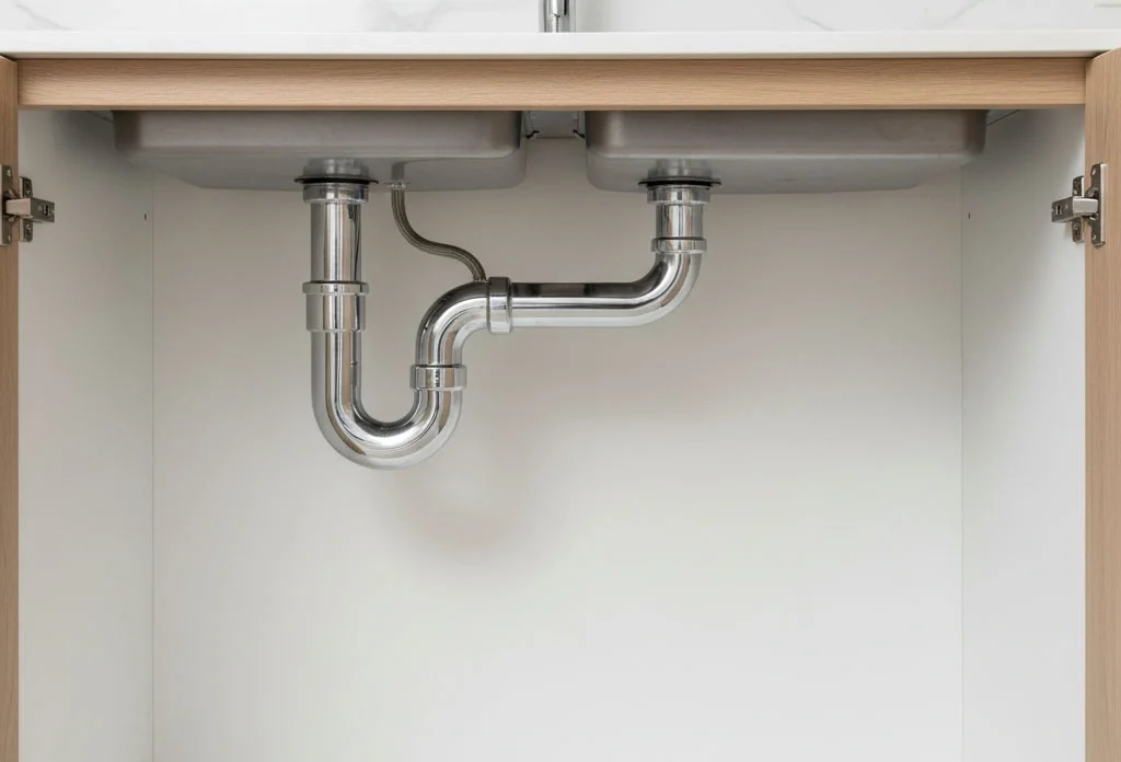 Chrome sink plumbing under cabinet positioned top-left, leaving cabinet space clear.