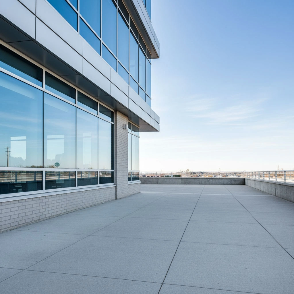 Commercial office building exterior with clean windows, positioned top-left leaving sidewalk and sky clear.