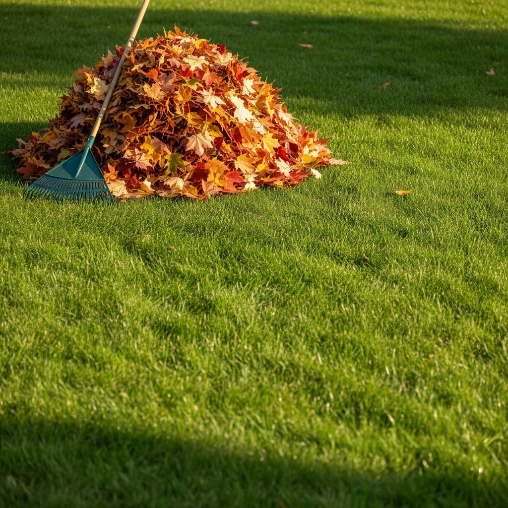 Autumn leaves gathered with a rake at the top-left, leaving clear lawn space in the middle.