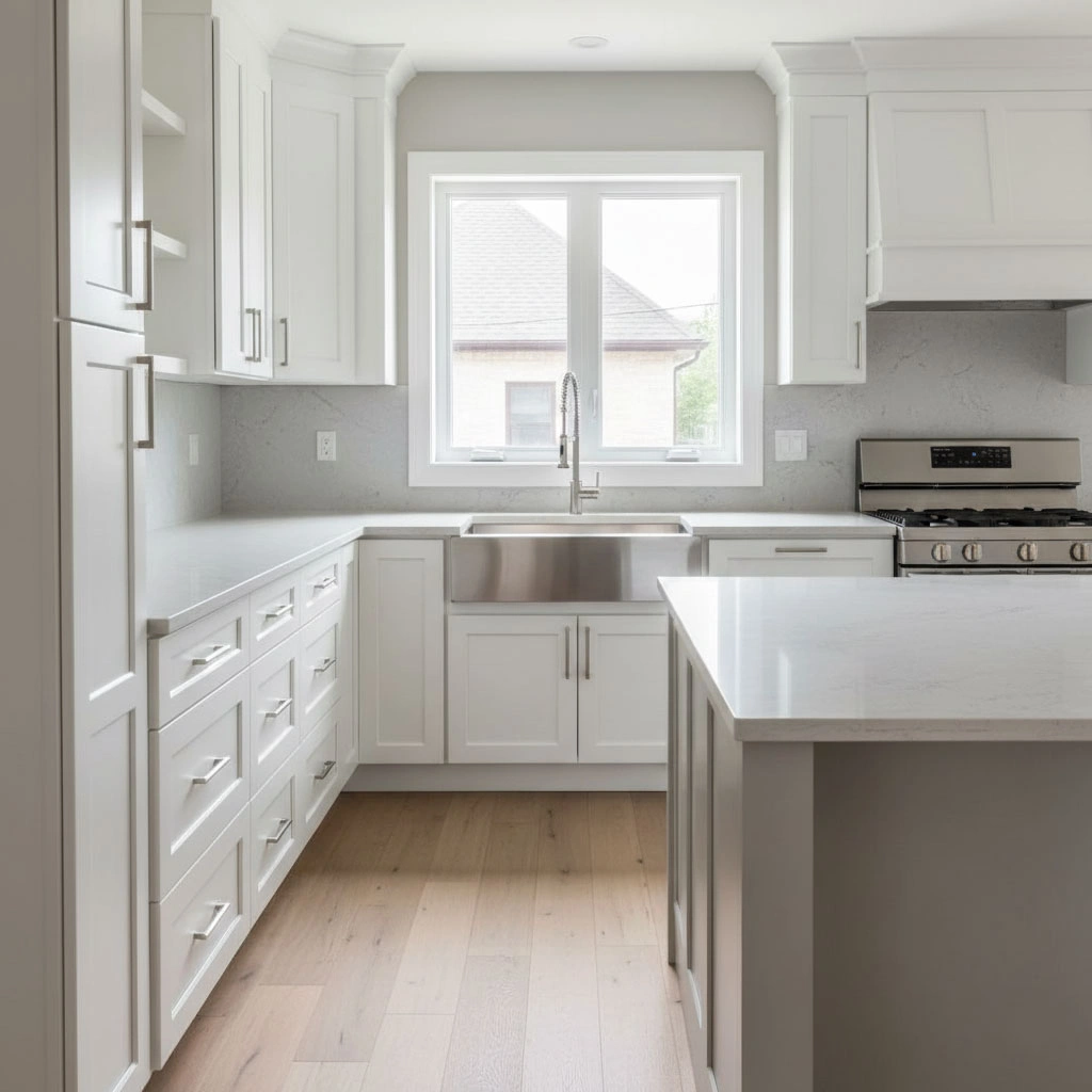Renovated Canadian-style kitchen with white cabinets and quartz counters, framed to the side with clear center space.